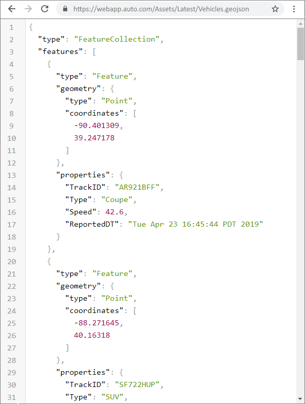 Event records organized as a part of a GeoJSON FeatureCollection Event records organized as a part of a GeoJSON FeatureCollection